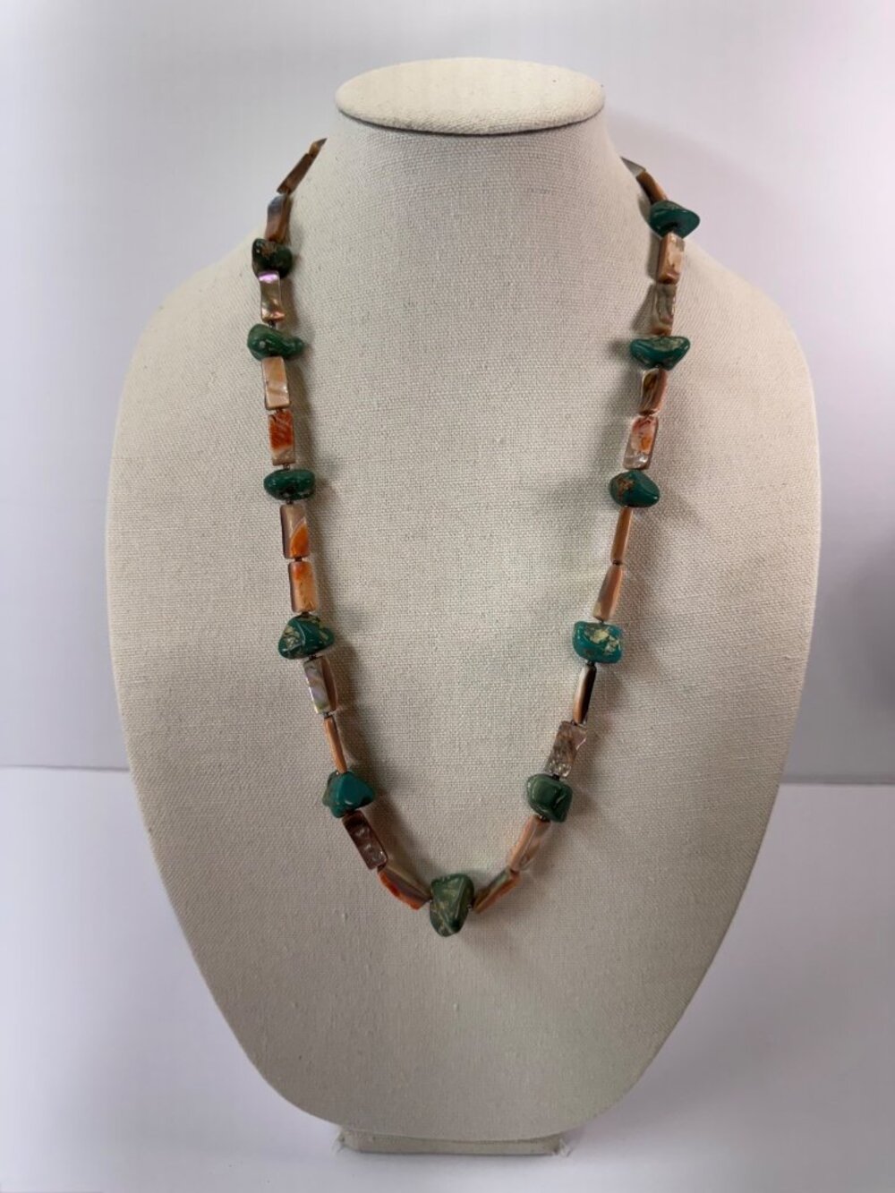 Vintage Abalone Chrysoprase Necklace Hand Cut Tube Bead 925 Hook Clasp 30“